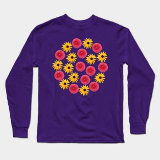 Red Dahlia and Yellow Daisy Floral Group Long Sleeve T-Shirt